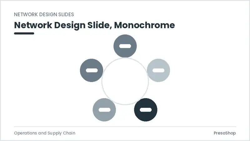 Editable PowerPoint network design slide template in a monochrome treatment, built from recolourable native shapes for operations and supply chain decks