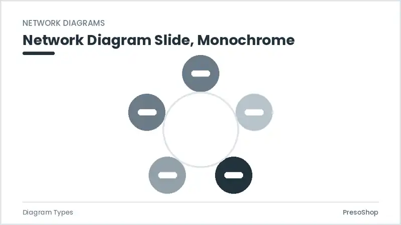 Editable PowerPoint network diagram slide template in a monochrome treatment, built from recolourable native shapes for diagram types decks
