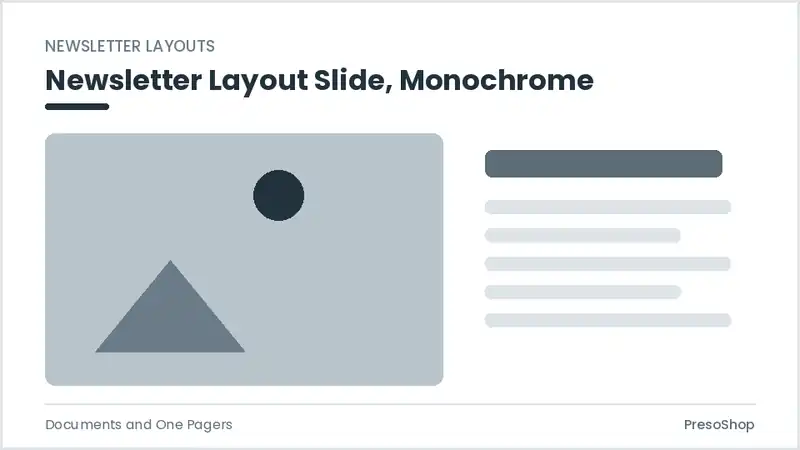 Editable PowerPoint newsletter layout slide template in a monochrome treatment, built from recolourable native shapes for documents and one pagers decks