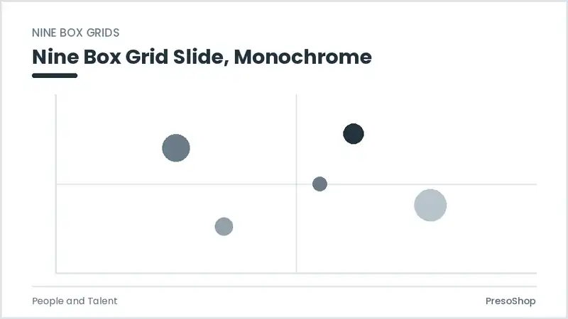 Editable PowerPoint nine box grid slide template in a monochrome treatment, built from recolourable native shapes for people and talent decks