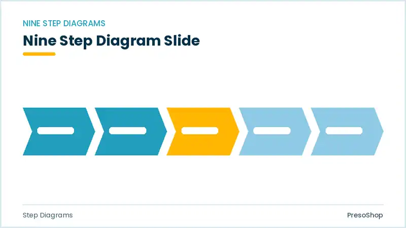 Editable PowerPoint nine step diagram slide template, built from recolourable native shapes for step diagrams decks