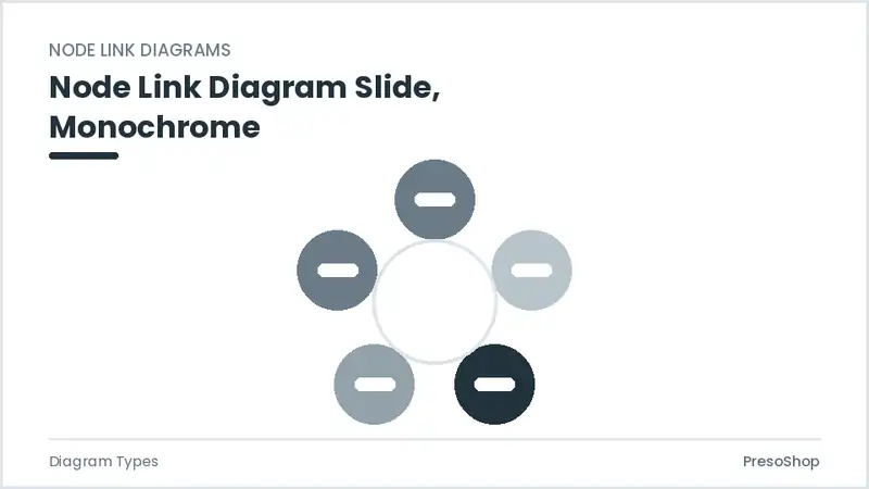 Editable PowerPoint node link diagram slide template in a monochrome treatment, built from recolourable native shapes for diagram types decks