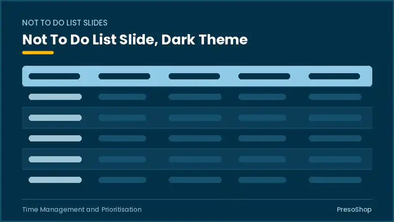 Editable PowerPoint not to do list slide template in a dark theme, built from recolourable native shapes for time management and prioritisation decks