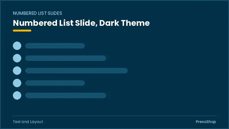 Editable PowerPoint numbered list slide template in a dark theme, built from recolourable native shapes for text and layout decks