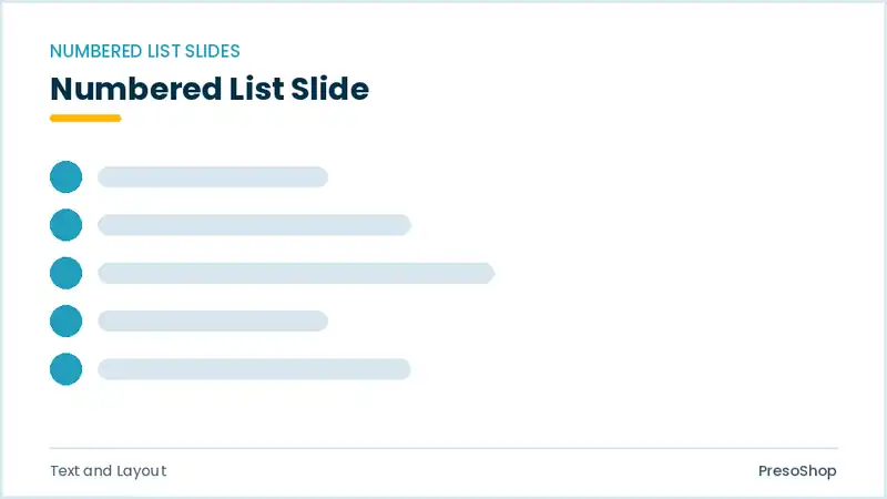 Editable PowerPoint numbered list slide template, built from recolourable native shapes for text and layout decks