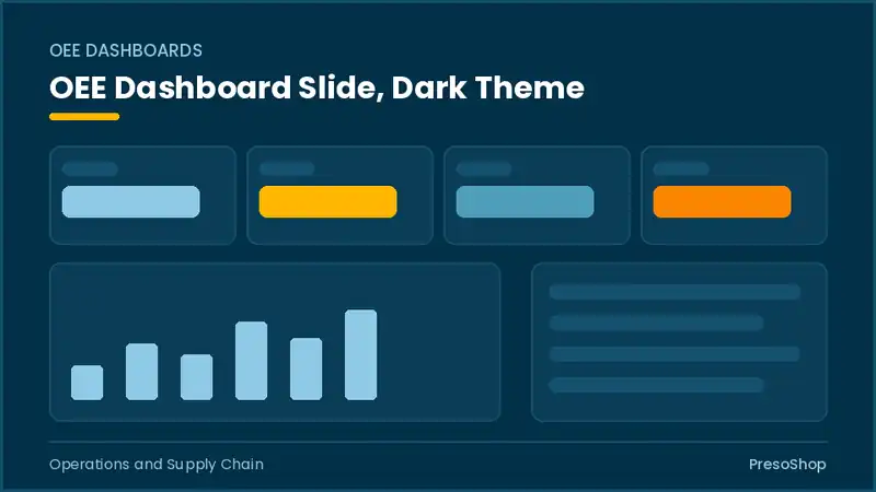 Editable PowerPoint oee dashboard slide template in a dark theme, built from recolourable native shapes for operations and supply chain decks
