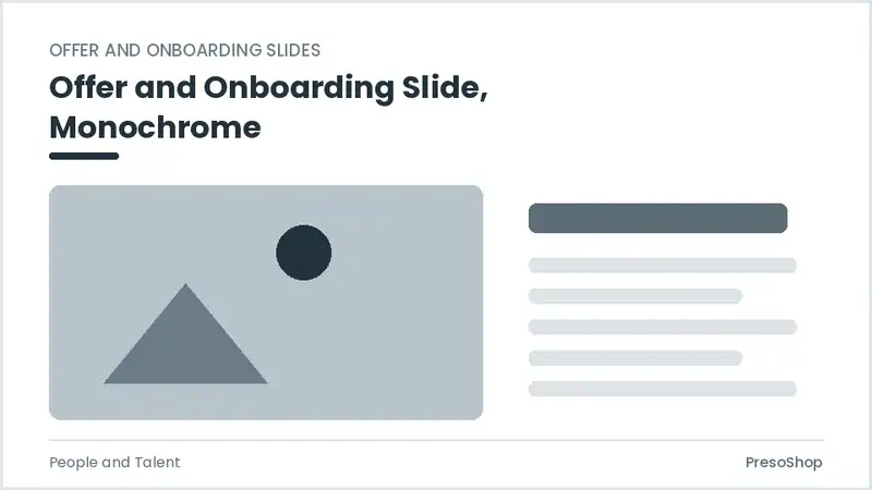 Editable PowerPoint offer and onboarding slide template in a monochrome treatment, built from recolourable native shapes for people and talent decks