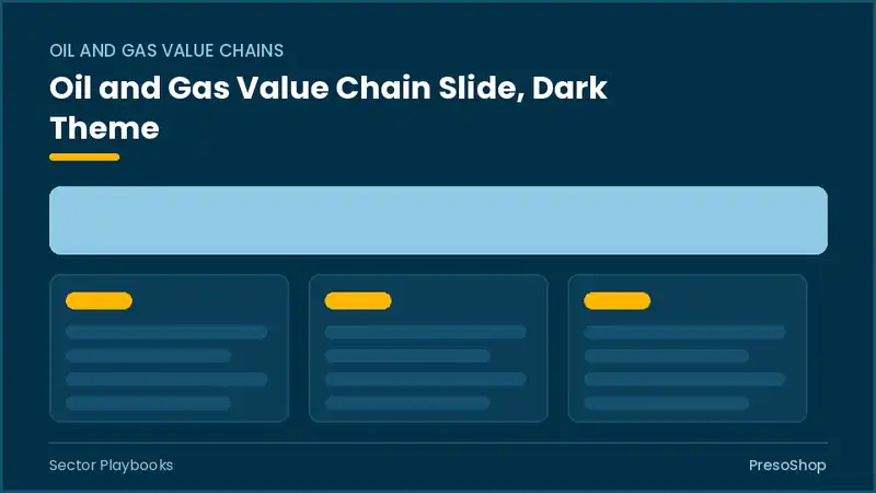 Editable PowerPoint oil and gas value chain slide template in a dark theme, built from recolourable native shapes for sector playbooks decks