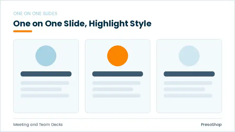 Editable PowerPoint one on one slide template with an accented takeaway, built from recolourable native shapes for meeting and team decks decks