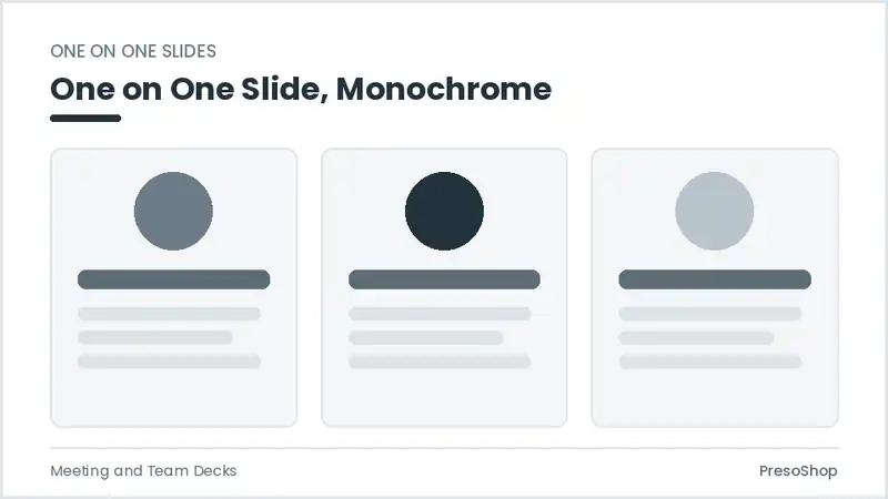 Editable PowerPoint one on one slide template in a monochrome treatment, built from recolourable native shapes for meeting and team decks decks