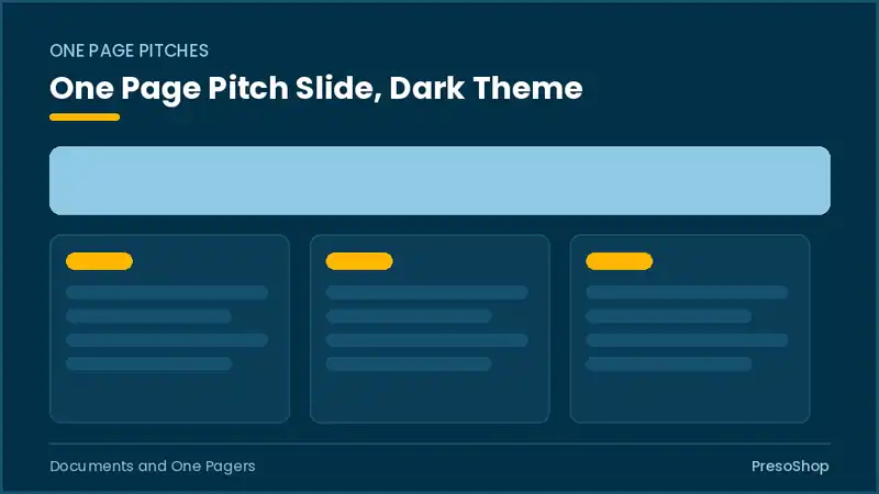 Editable PowerPoint one page pitch slide template in a dark theme, built from recolourable native shapes for documents and one pagers decks
