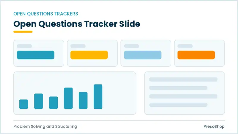 Editable PowerPoint open questions tracker slide template, built from recolourable native shapes for problem solving and structuring decks