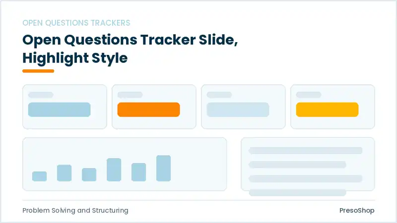 Editable PowerPoint open questions tracker slide template with an accented takeaway, built from recolourable native shapes for problem solving and structuring decks