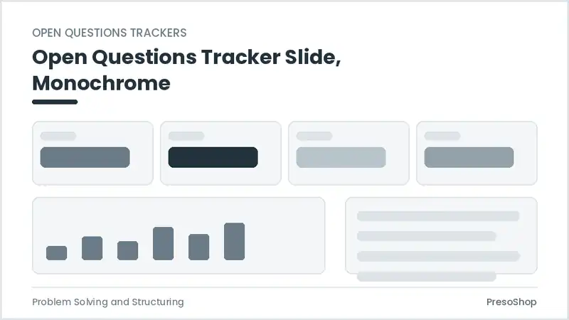 Editable PowerPoint open questions tracker slide template in a monochrome treatment, built from recolourable native shapes for problem solving and structuring decks