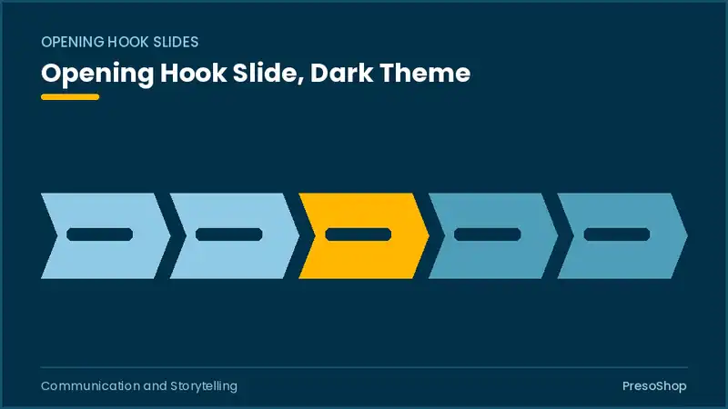 Editable PowerPoint opening hook slide template in a dark theme, built from recolourable native shapes for communication and storytelling decks