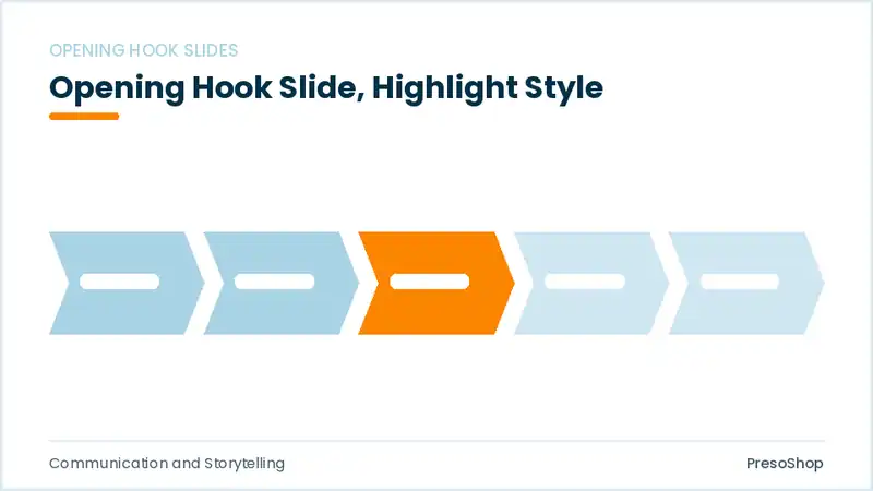 Editable PowerPoint opening hook slide template with an accented takeaway, built from recolourable native shapes for communication and storytelling decks