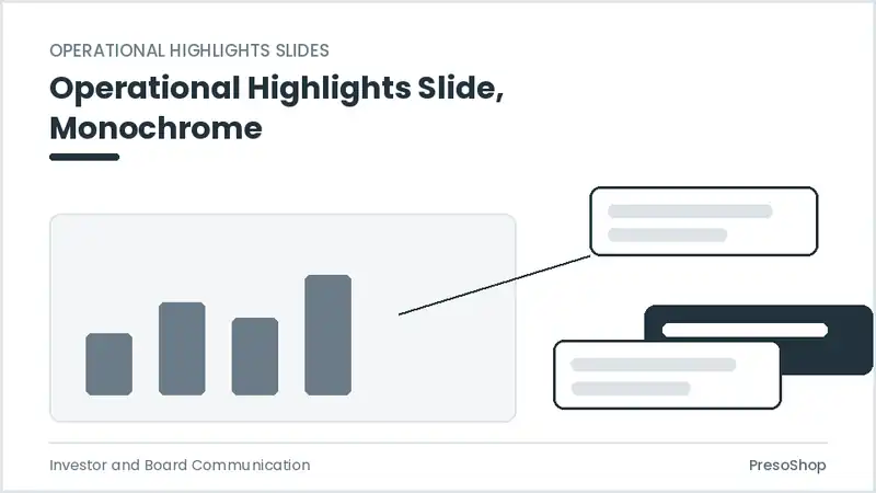 Editable PowerPoint operational highlights slide template in a monochrome treatment, built from recolourable native shapes for investor and board communication decks