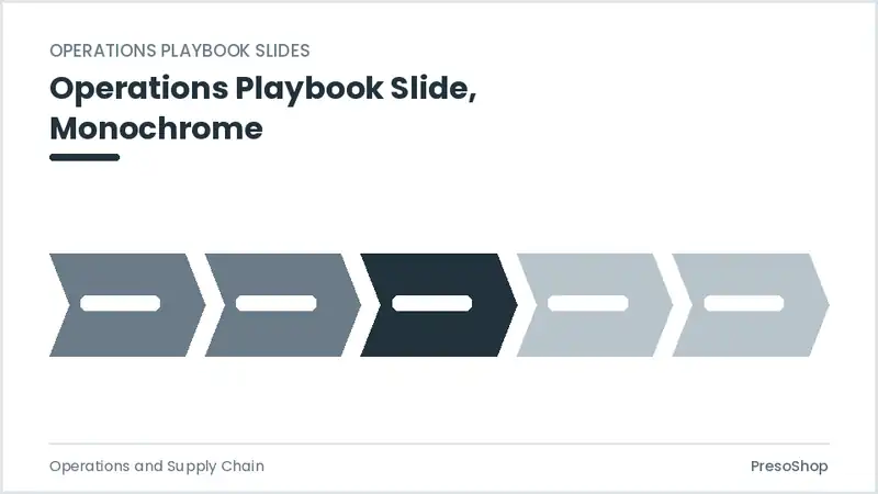 Editable PowerPoint operations playbook slide template in a monochrome treatment, built from recolourable native shapes for operations and supply chain decks