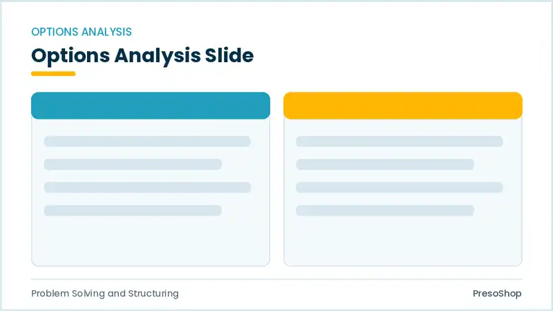 Editable PowerPoint options analysis slide template, built from recolourable native shapes for problem solving and structuring decks