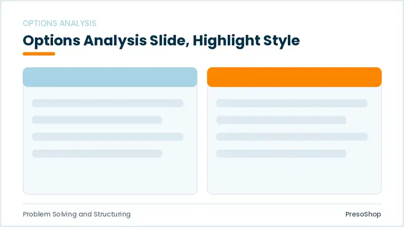 Editable PowerPoint options analysis slide template with an accented takeaway, built from recolourable native shapes for problem solving and structuring decks