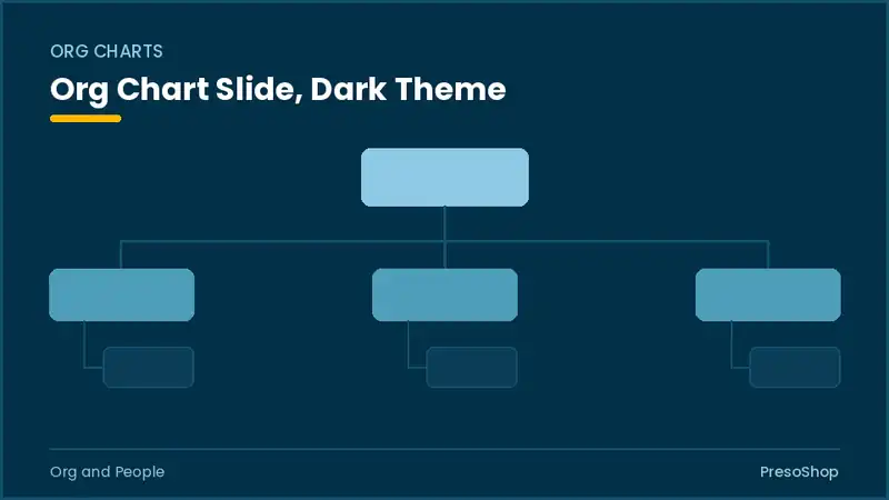 Editable PowerPoint org chart slide template in a dark theme, built from recolourable native shapes for org and people decks