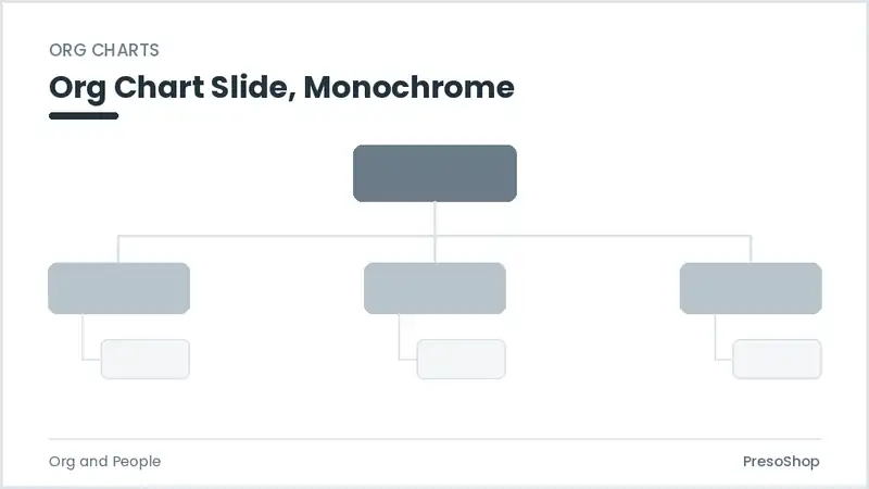 Editable PowerPoint org chart slide template in a monochrome treatment, built from recolourable native shapes for org and people decks