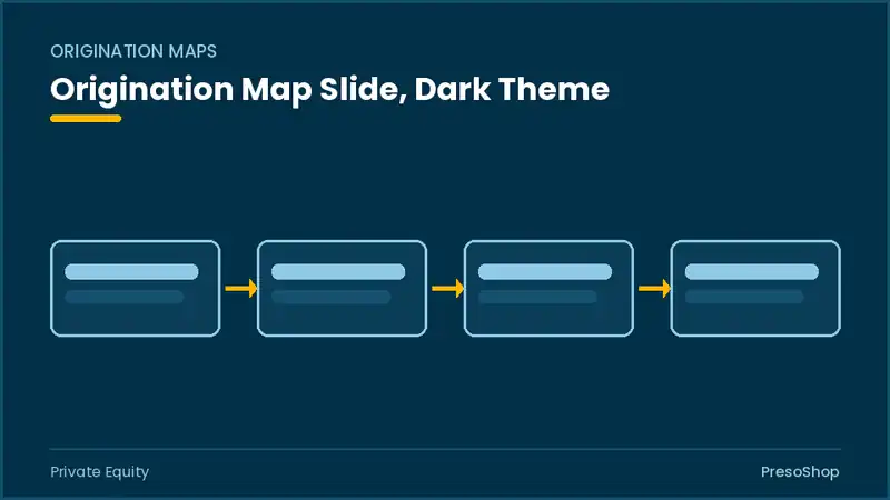 Editable PowerPoint origination map slide template in a dark theme, built from recolourable native shapes for private equity decks