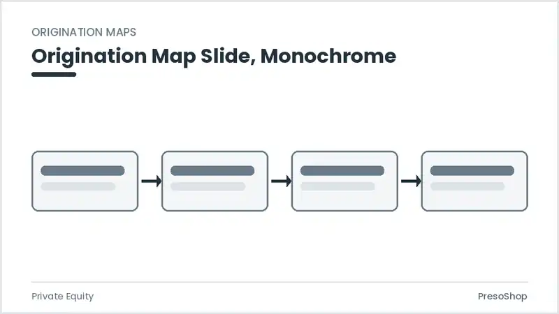 Editable PowerPoint origination map slide template in a monochrome treatment, built from recolourable native shapes for private equity decks