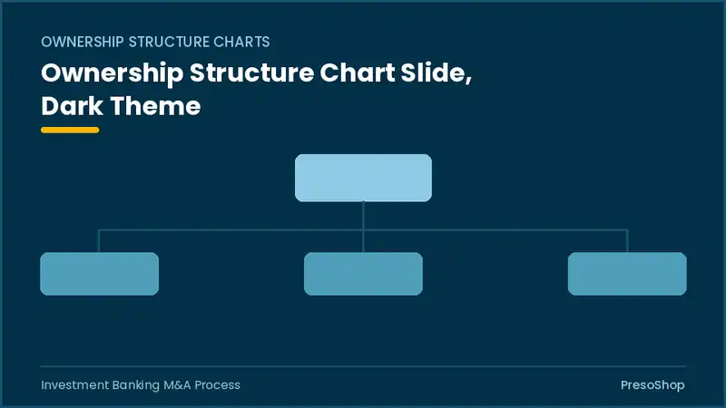 Editable PowerPoint ownership structure chart slide template in a dark theme, built from recolourable native shapes for investment banking m&a process decks