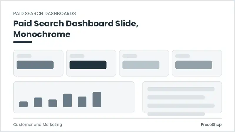 Editable PowerPoint paid search dashboard slide template in a monochrome treatment, built from recolourable native shapes for customer and marketing decks