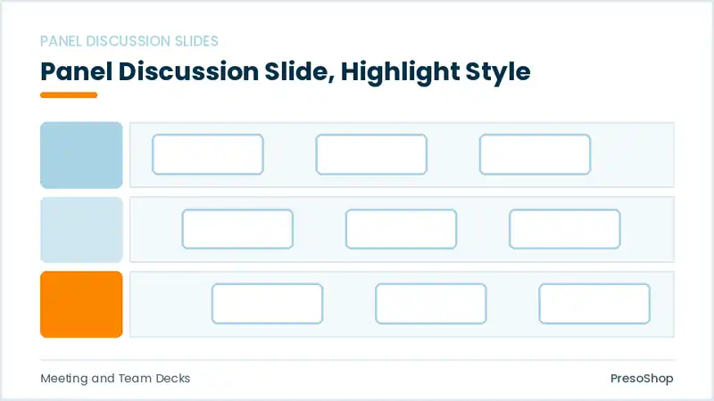 Editable PowerPoint panel discussion slide template with an accented takeaway, built from recolourable native shapes for meeting and team decks decks