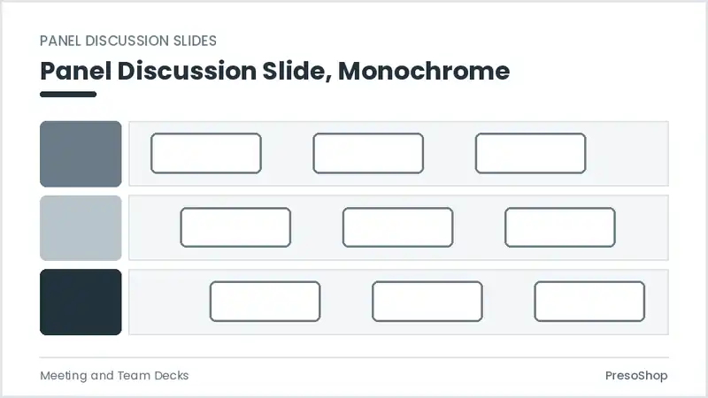 Editable PowerPoint panel discussion slide template in a monochrome treatment, built from recolourable native shapes for meeting and team decks decks
