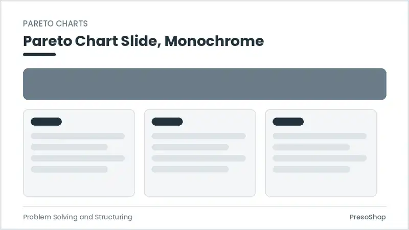Editable PowerPoint pareto chart slide template in a monochrome treatment, built from recolourable native shapes for problem solving and structuring decks