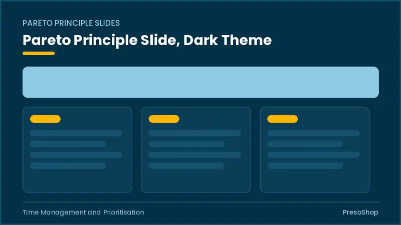 Editable PowerPoint pareto principle slide template in a dark theme, built from recolourable native shapes for time management and prioritisation decks
