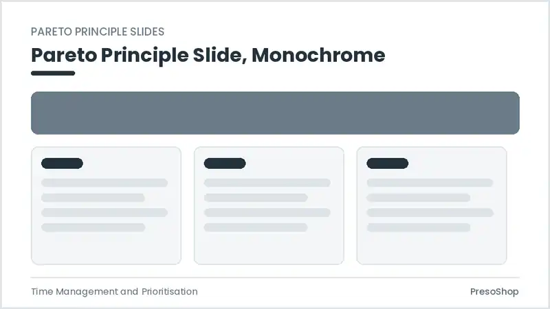 Editable PowerPoint pareto principle slide template in a monochrome treatment, built from recolourable native shapes for time management and prioritisation decks