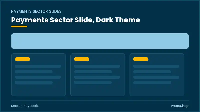 Editable PowerPoint payments sector slide template in a dark theme, built from recolourable native shapes for sector playbooks decks