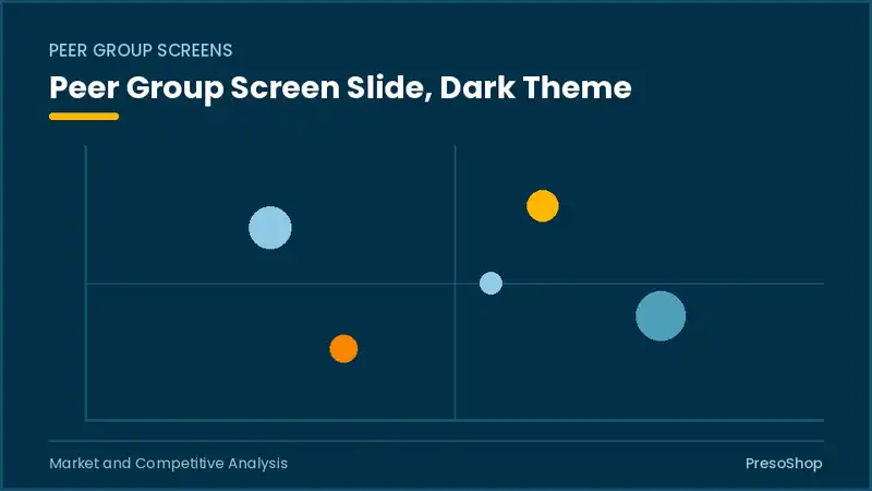 Editable PowerPoint peer group screen slide template in a dark theme, built from recolourable native shapes for market and competitive analysis decks