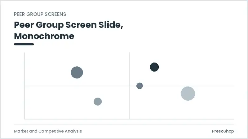 Editable PowerPoint peer group screen slide template in a monochrome treatment, built from recolourable native shapes for market and competitive analysis decks