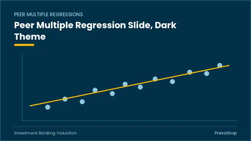 Editable PowerPoint peer multiple regression slide template in a dark theme, built from recolourable native shapes for investment banking valuation decks