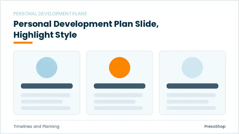 Editable PowerPoint personal development plan slide template with an accented takeaway, built from recolourable native shapes for timelines and planning decks