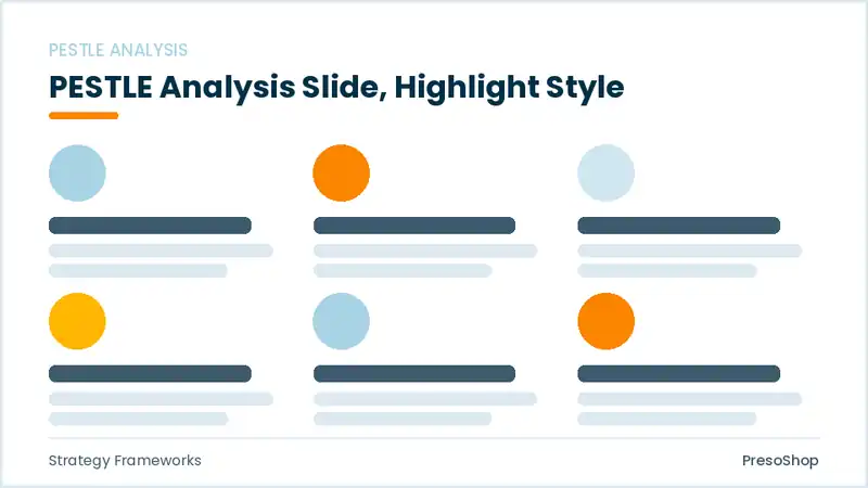 Editable PowerPoint pestle analysis slide template with an accented takeaway, built from recolourable native shapes for strategy frameworks decks