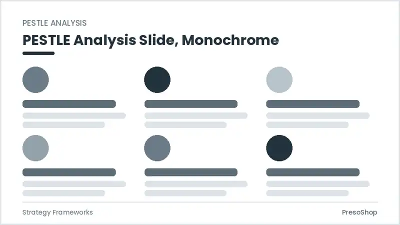 Editable PowerPoint pestle analysis slide template in a monochrome treatment, built from recolourable native shapes for strategy frameworks decks