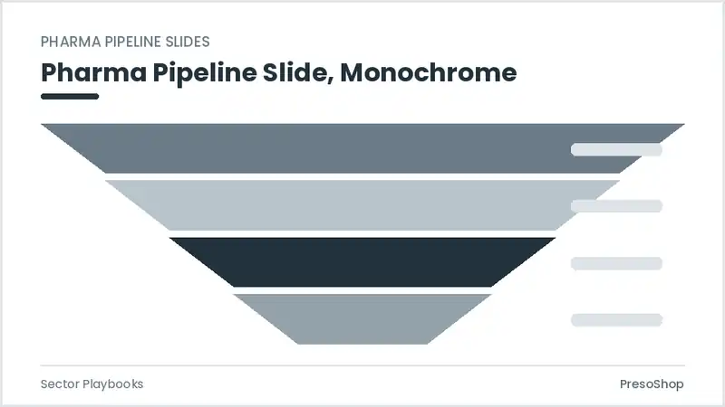 Editable PowerPoint pharma pipeline slide template in a monochrome treatment, built from recolourable native shapes for sector playbooks decks