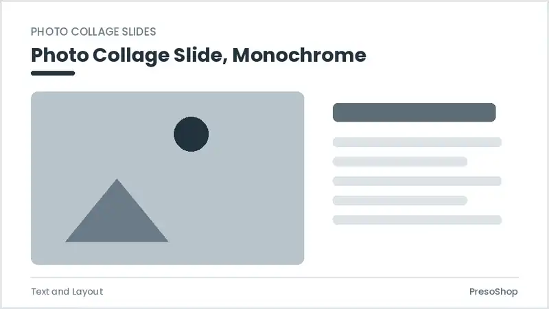 Editable PowerPoint photo collage slide template in a monochrome treatment, built from recolourable native shapes for text and layout decks