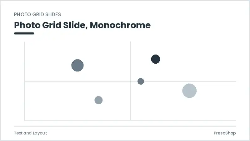 Editable PowerPoint photo grid slide template in a monochrome treatment, built from recolourable native shapes for text and layout decks