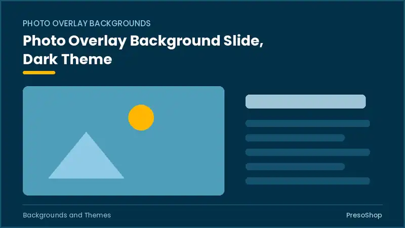Editable PowerPoint photo overlay background slide template in a dark theme, built from recolourable native shapes for backgrounds and themes decks