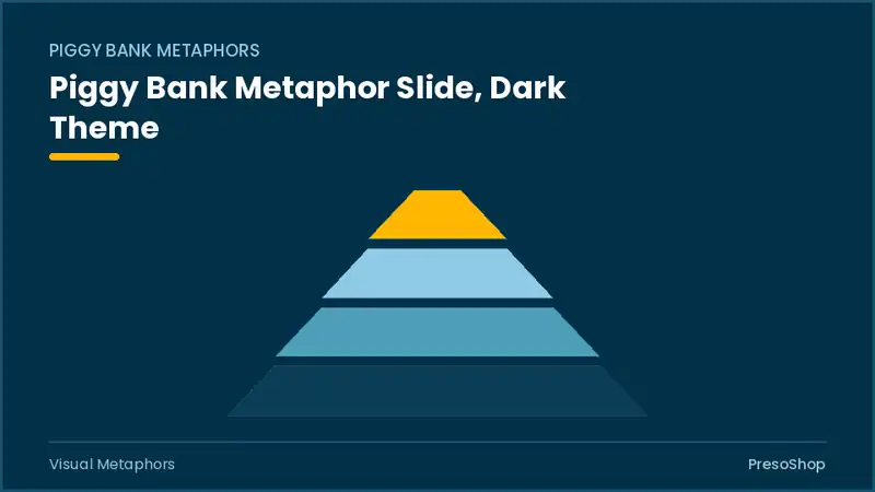 Editable PowerPoint piggy bank metaphor slide template in a dark theme, built from recolourable native shapes for visual metaphors decks