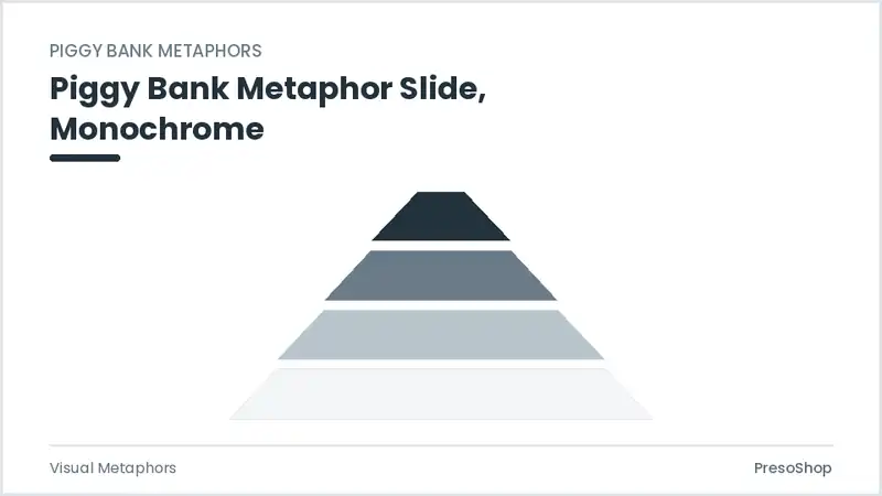Editable PowerPoint piggy bank metaphor slide template in a monochrome treatment, built from recolourable native shapes for visual metaphors decks