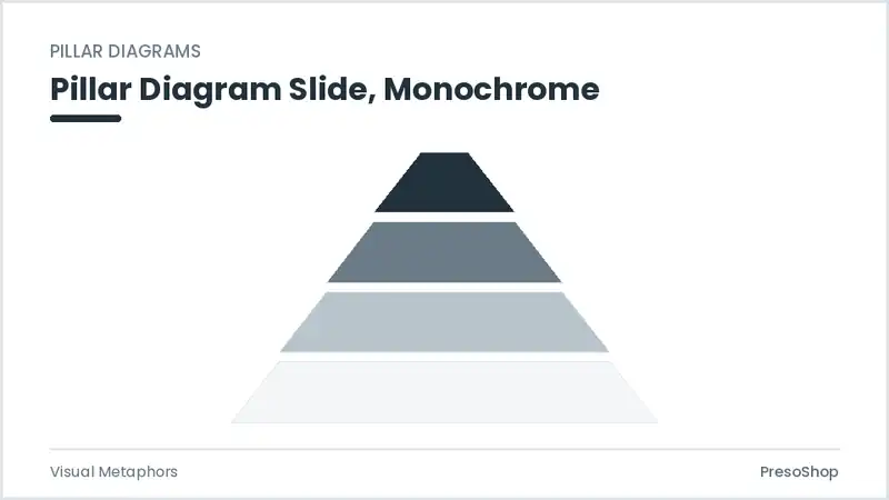 Editable PowerPoint pillar diagram slide template in a monochrome treatment, built from recolourable native shapes for visual metaphors decks