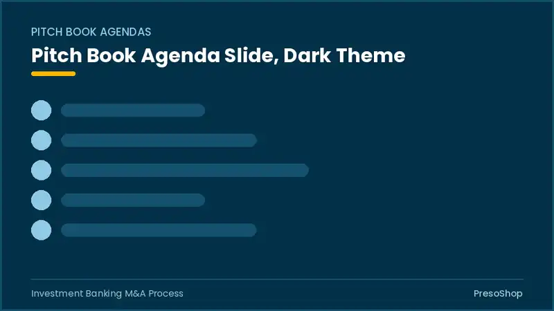 Editable PowerPoint pitch book agenda slide template in a dark theme, built from recolourable native shapes for investment banking m&a process decks